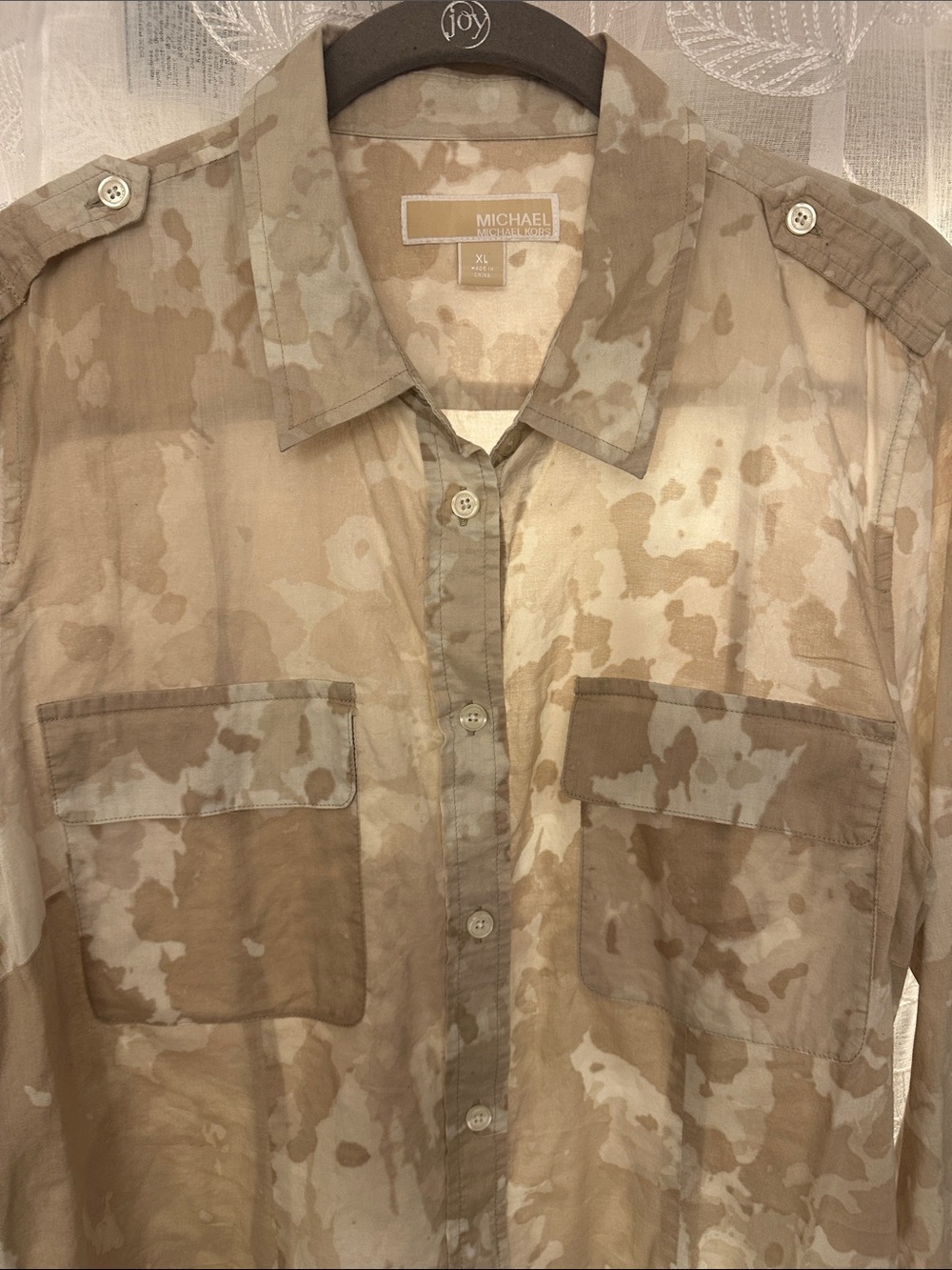 Michael Kors Women's Beige and Tan Camouflage Button-Down Shirt